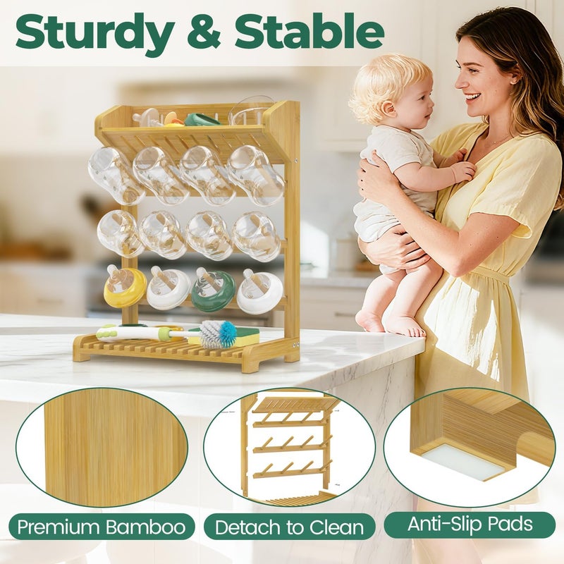 EsLuker.ly Baby Bottle Drying Rack Bamboo Vertical Dryer Holder, Space Saving for 12 Milk Glass Bottle Countertop, Wooden Drain Stand Shelf for New Parents - Image 5